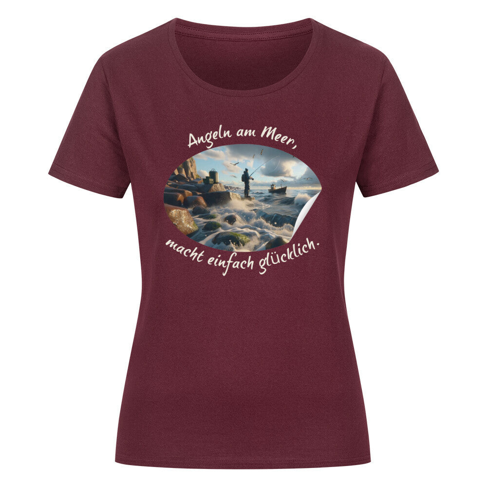 Organic Abenteuer Ladys Shirt, "Angeln am Meer" Burgunder