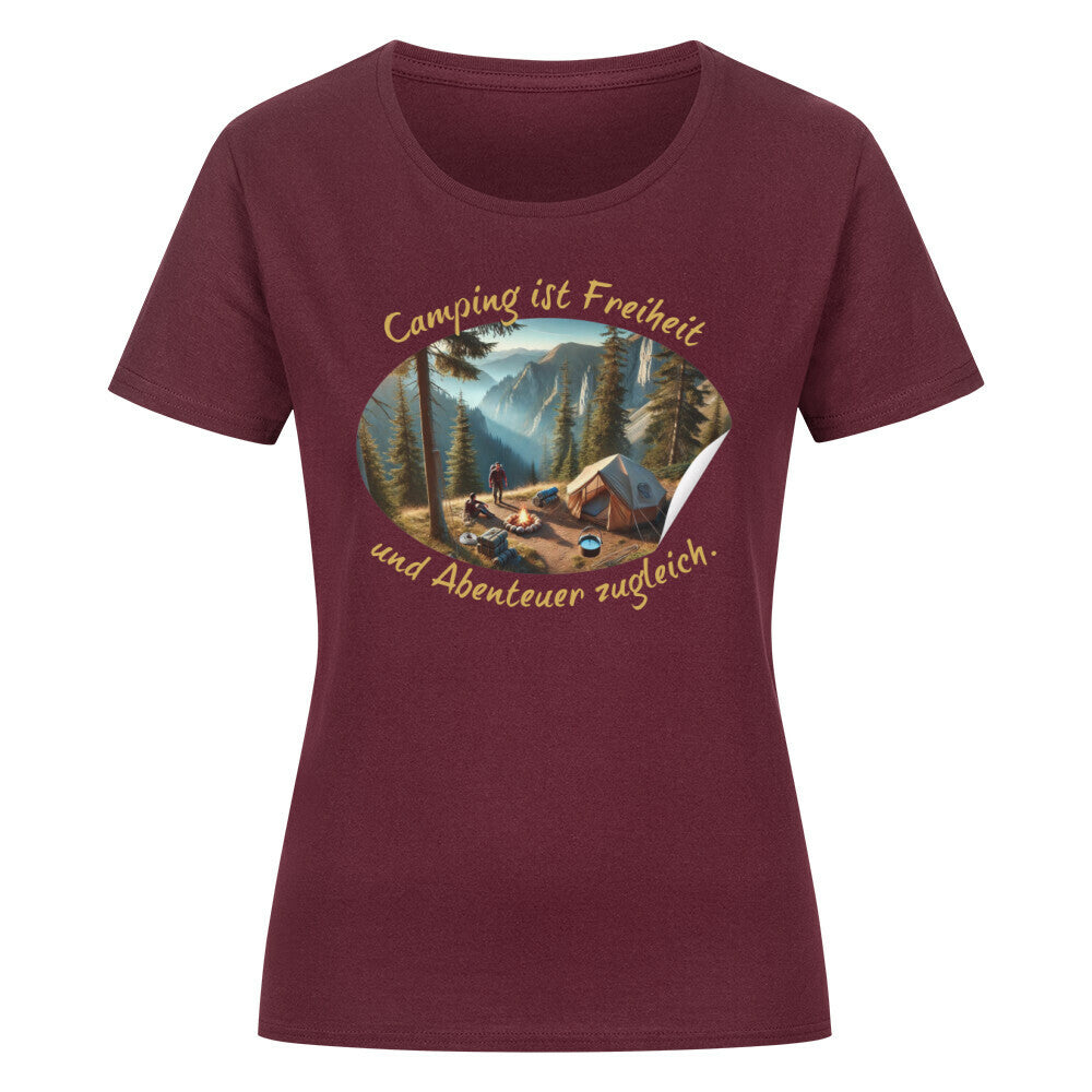 Organic Abenteuer Ladys Shirt, "Camping ist Freiheit" Burgunder