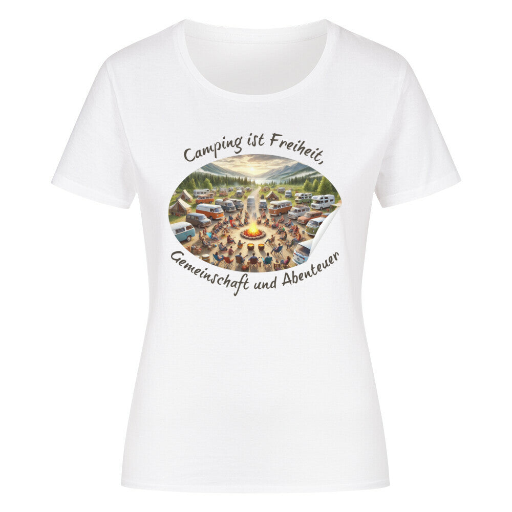Organic Abenteuer Ladys Shirt, "Camping ist Gemeinschaft" weiß