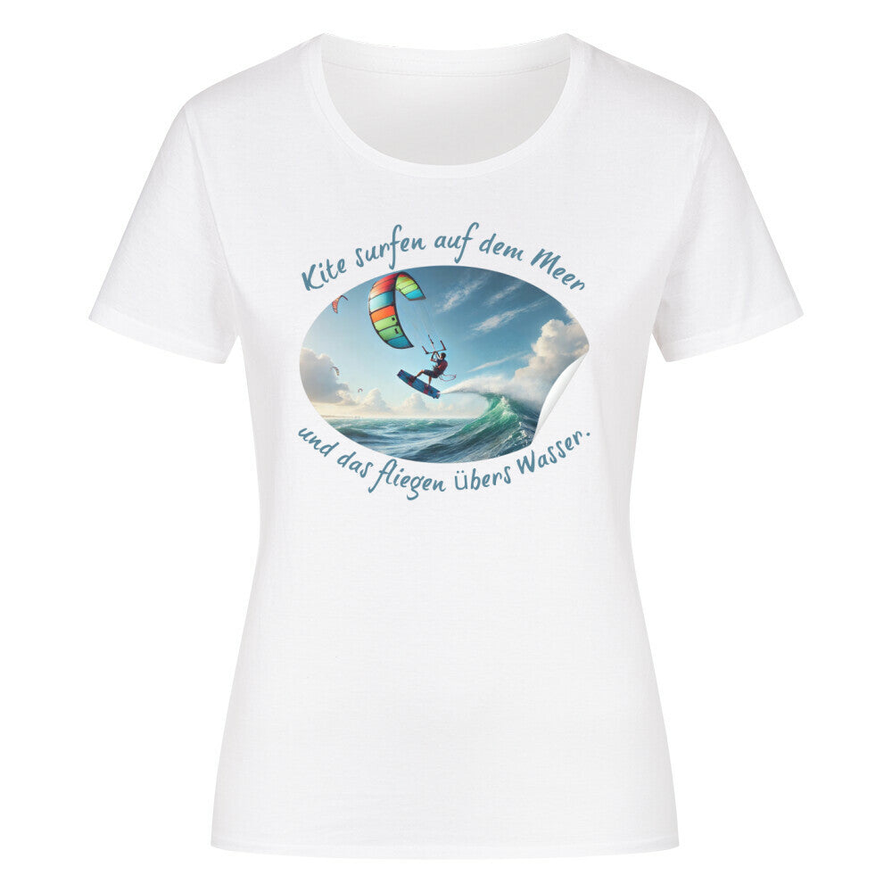Organic Abenteuer Ladys Shirt, "Kite surfen, fliegen übers Wasser" weiß