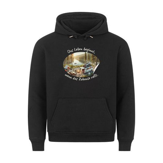 Premium Abenteuer Hoodie, "wenn das Zuhause rollt" Schwarz