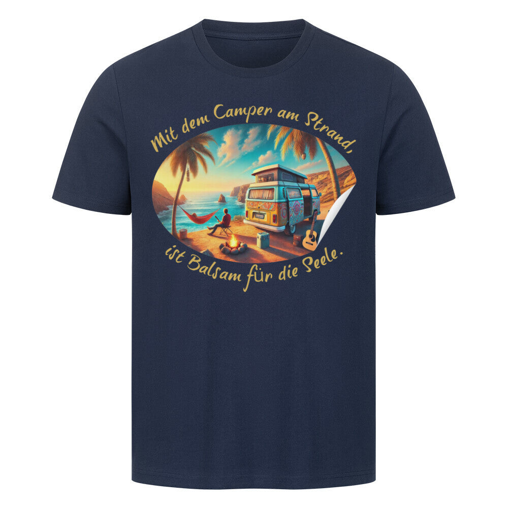 Premium Abenteuer T-Shirt, "Camping am Strand" French Navy