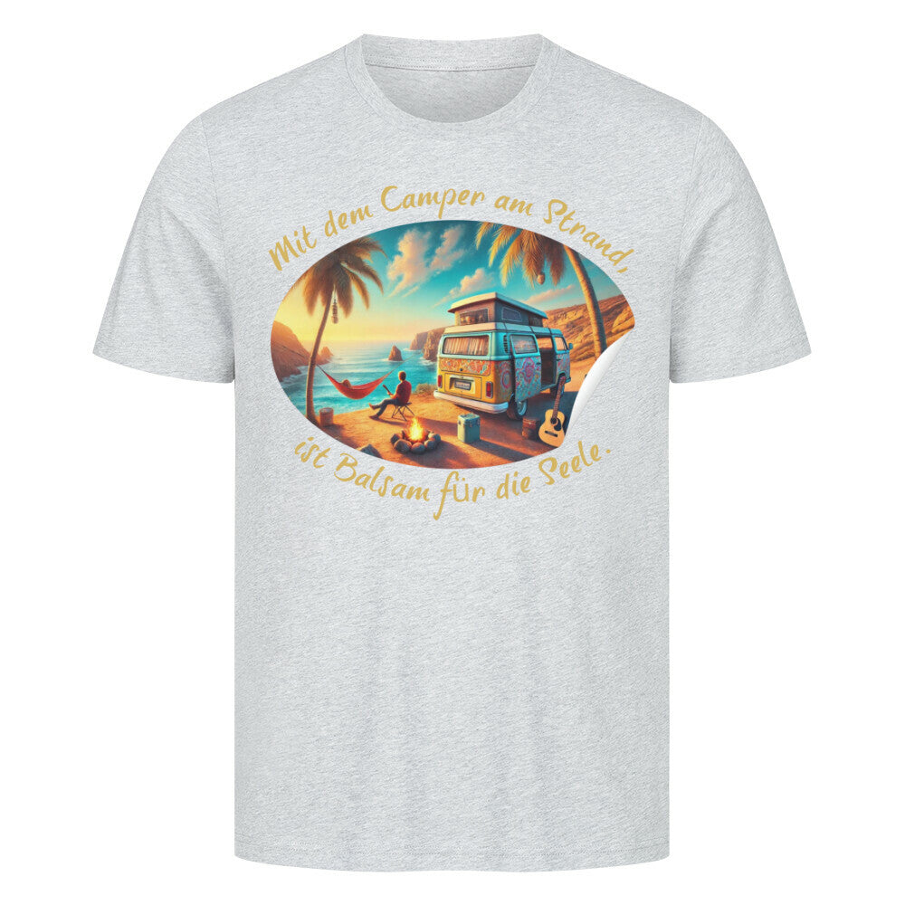 Premium Abenteuer T-Shirt, "Camping am Strand" Heather Grey