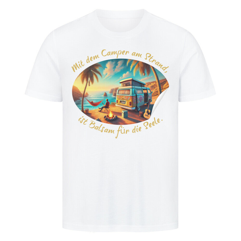 Premium Abenteuer T-Shirt, "Camping am Strand" weiß