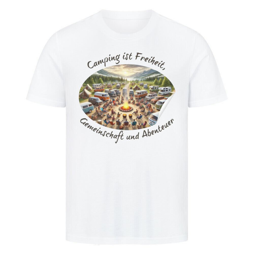 Premium Abenteuer T-Shirt, "Camping ist Gemeinschaft" weiß