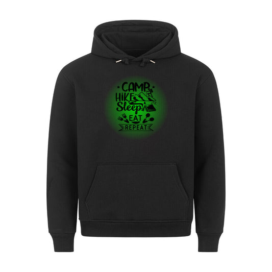 Premium Sprüche Hoodie, "Camp, Hike, Sleep, Eat, Repeat" Green print, schwarz