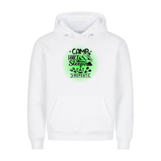 Premium Sprüche Hoodie, "Camp, Hike, Sleep, Eat, Repeat" Green print, weiß