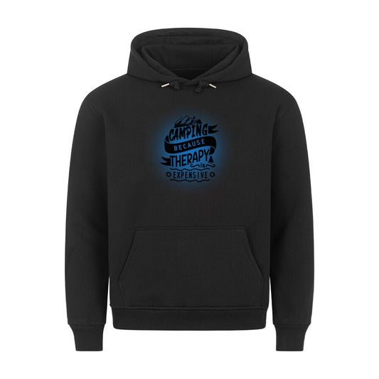Premium Sprüche Hoodie, "Camping because Therapy is Expensive" Blue print, schwarz