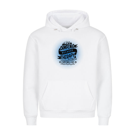 Premium Sprüche Hoodie, "Camping because Therapy is Expensive" Blue print, weiß