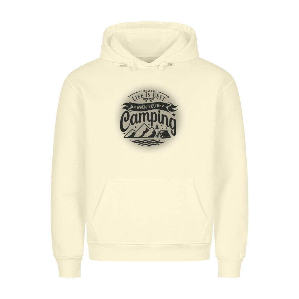 Premium Sprüche Hoodie, "Life is Best when youre Camping" Beige