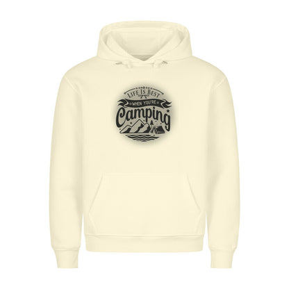 Premium Sprüche Hoodie, "Life is Best when youre Camping" Beige
