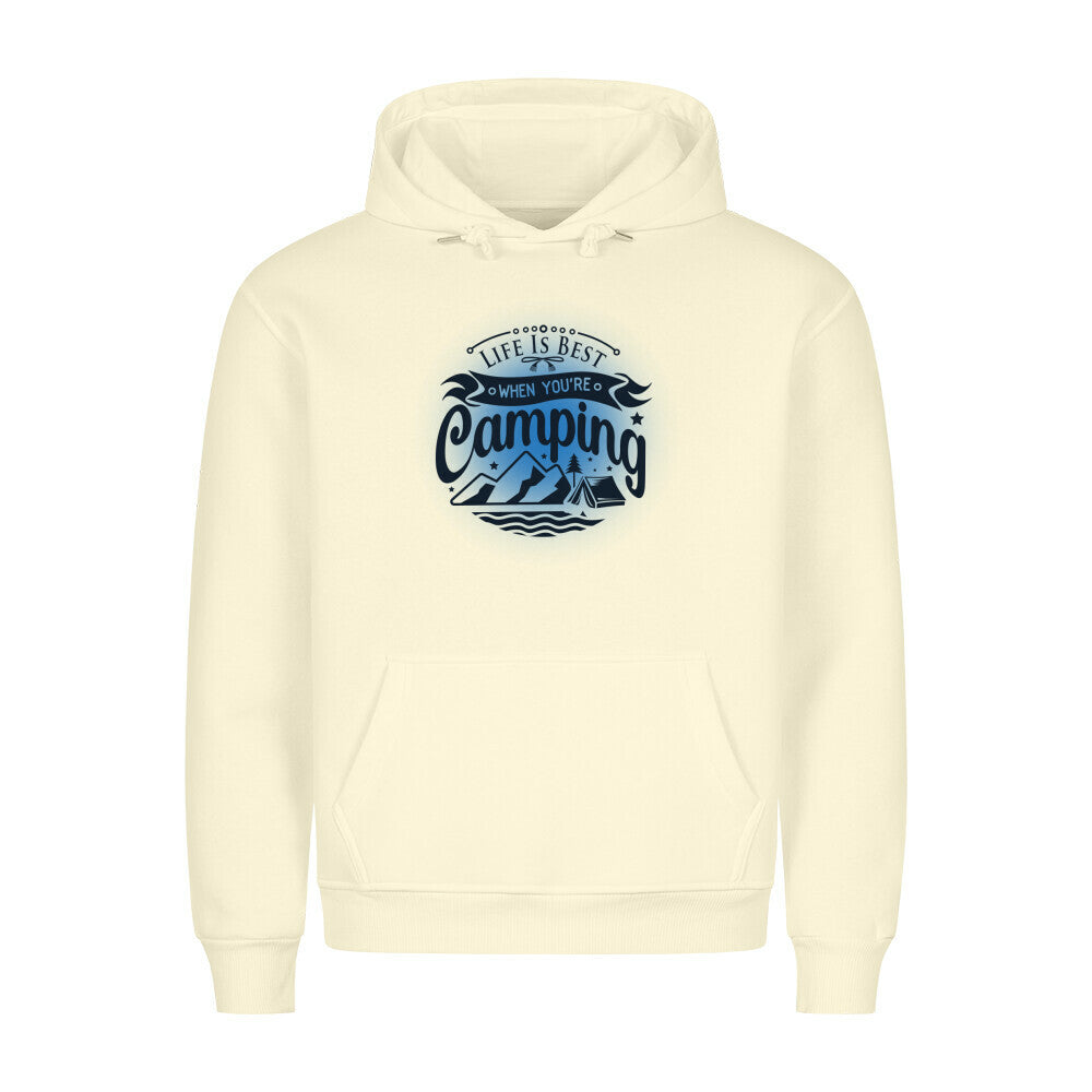 Premium Sprüche Hoodie, "Life is Best when youre Camping" Blue print, Beige