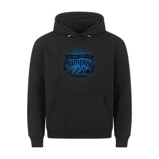 Premium Sprüche Hoodie, "Life is Best when youre Camping" Blue print, schwarz