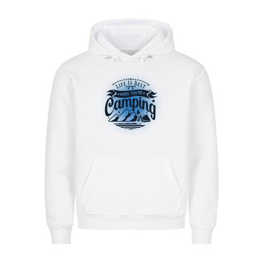 Premium Sprüche Hoodie, "Life is Best when youre Camping" Blue print, weiß