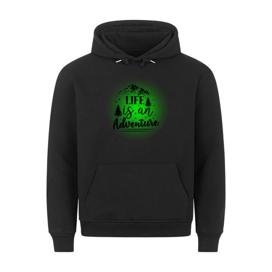 Premium Sprüche Hoodie, "Life is an Adventure" Green print, schwarz