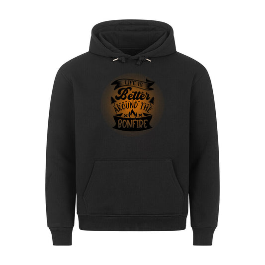 Premium Sprüche Hoodie, "Life is better around the Bonfire" orange print, schwarz