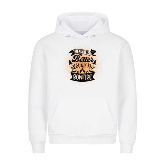 Premium Sprüche Hoodie, "Life is better around the Bonfire" orange print, weiß