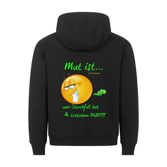 Premium Sprüche Hoodie, "Mut ist" Backprint, Schwarz