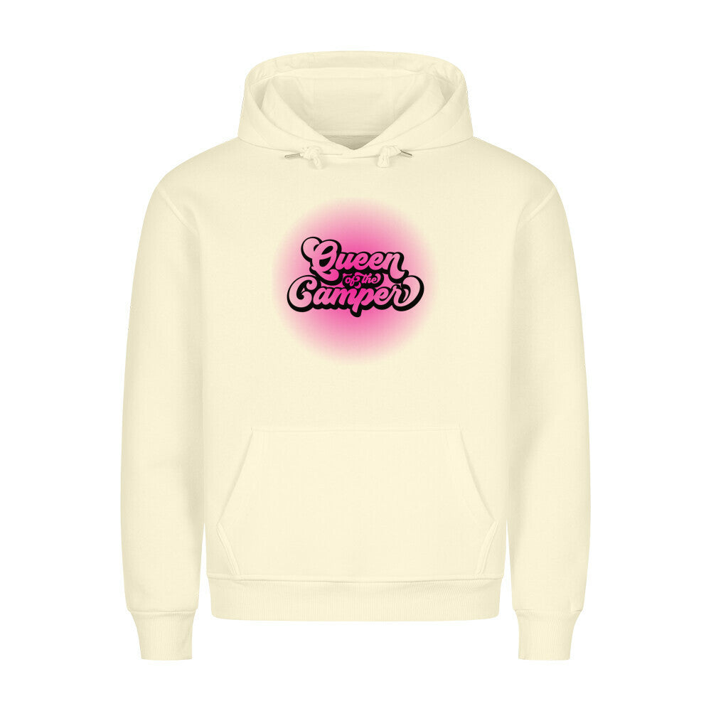Premium Sprüche Hoodie, "Queen of Campers" Pink print, Beige